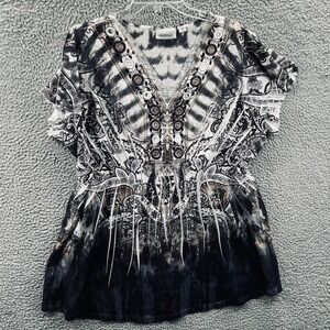 Womens Boho Peasant Tunic‎ Top 18/20 Plus Embellished Flutter Sleeve Tie Dye
